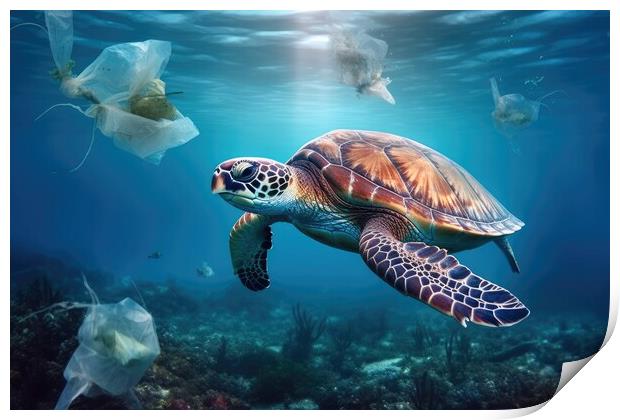 World ocean pollution, Turtle and plastic bags underwater. Generative AI Print by Lubos Chlubny