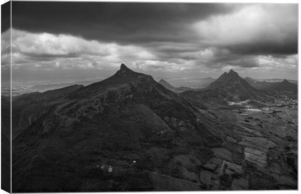 Mauritius Aerial Le Pouce Mountain Peak Black and White Landscap Canvas Print by Dietmar Rauscher