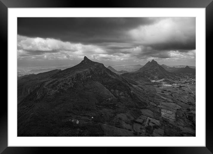 Mauritius Aerial Le Pouce Mountain Peak Black and White Landscap Framed Mounted Print by Dietmar Rauscher