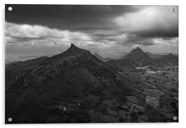 Mauritius Aerial Le Pouce Mountain Peak Black and White Landscap Acrylic by Dietmar Rauscher