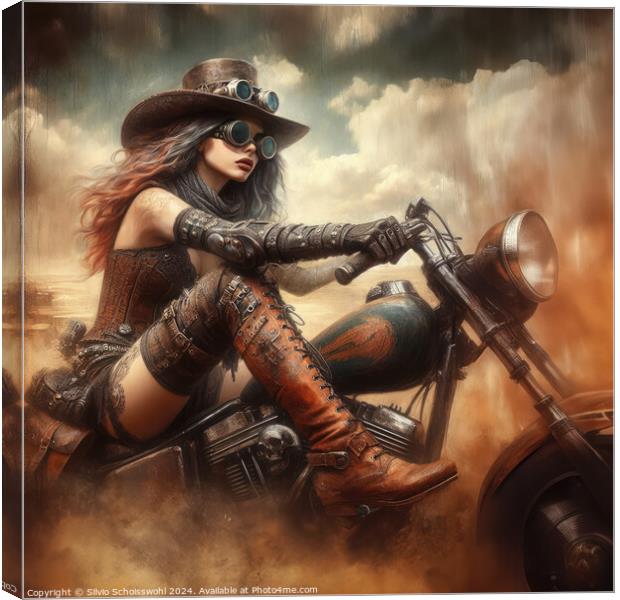 Steampunk Biker Girl Canvas Print by Silvio Schoisswohl
