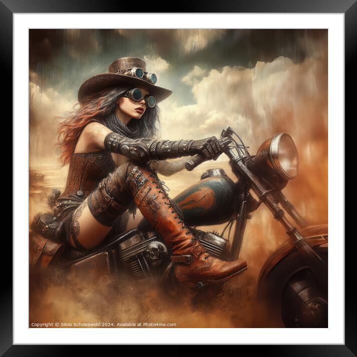 Steampunk Biker Girl Framed Mounted Print by Silvio Schoisswohl