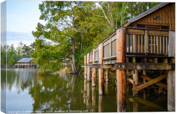 Cabins and Trees along Lake Fausse Pointe in Louisiana, USA Canvas Print by William Morgan