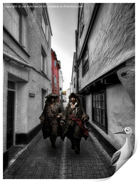 Pirates and Pesky Bird on the Backstreets of Looe Print by Lee Kershaw