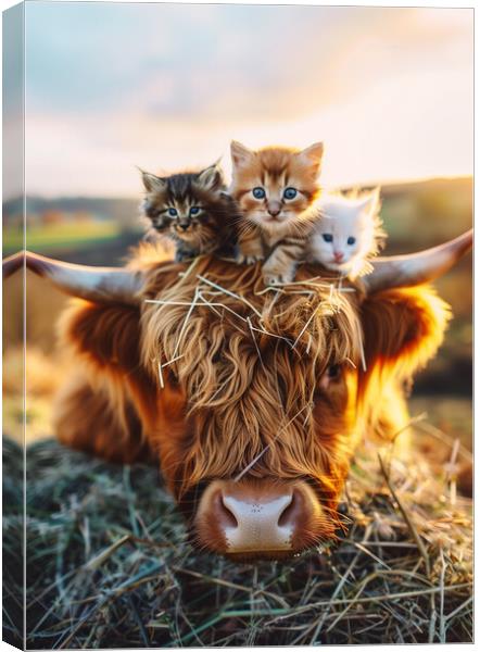 Scottish Highland Cow and Three Kittens Canvas Print by T2 