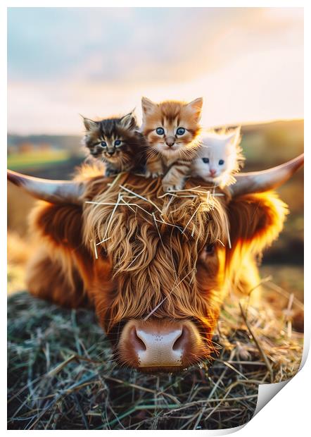 Scottish Highland Cow and Three Kittens Print by T2 