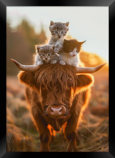 Scottish Highland Cow and Three Kittens Framed Print by T2 