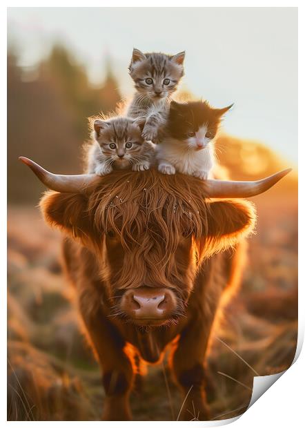 Scottish Highland Cow and Three Kittens Print by T2 