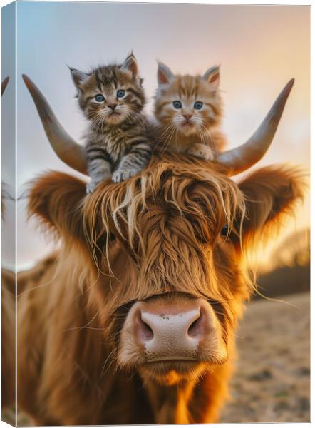 Scottish Highland Cow and Two Kittens Canvas Print by T2 