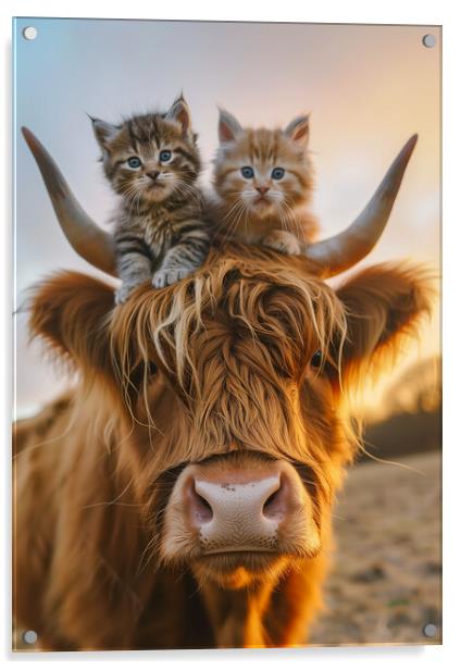 Scottish Highland Cow and Two Kittens Acrylic by T2 