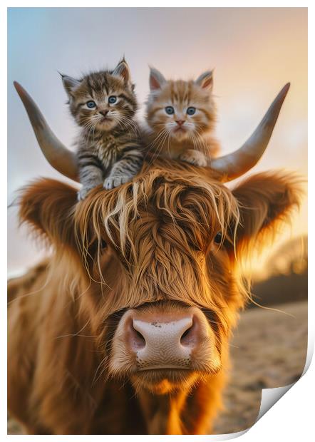 Scottish Highland Cow and Two Kittens Print by T2 