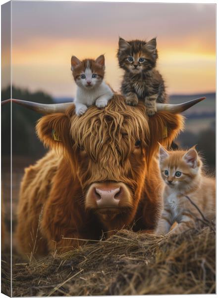 Scottish Highland Cow and Three Kittens Canvas Print by T2 