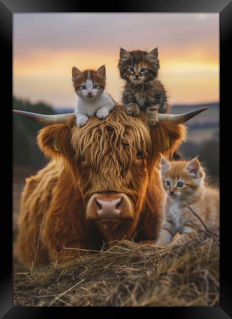 Scottish Highland Cow and Three Kittens Framed Print by T2 