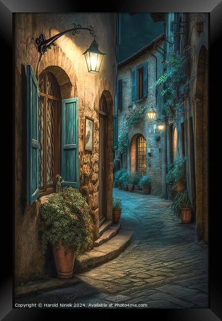 Tuscan Village at Twilight Framed Print by Harold Ninek