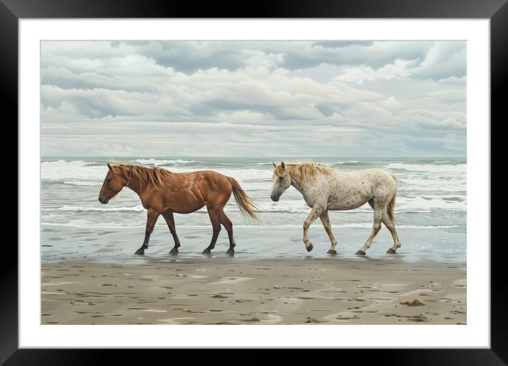 Horses on a beach in Wintertime Framed Mounted Print by T2 