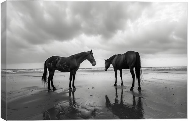 Horses on a beach in Wintertime Black and White Canvas Print by T2 