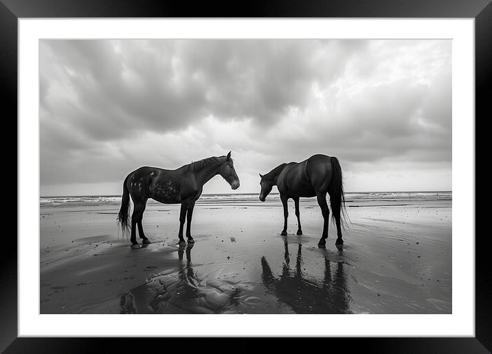 Horses on a beach in Wintertime Black and White Framed Mounted Print by T2 