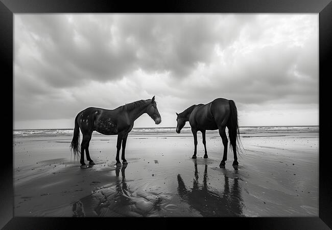 Horses on a beach in Wintertime Black and White Framed Print by T2 