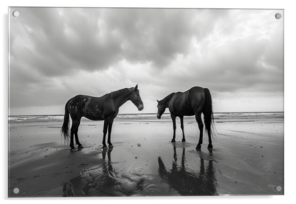 Horses on a beach in Wintertime Black and White Acrylic by T2 
