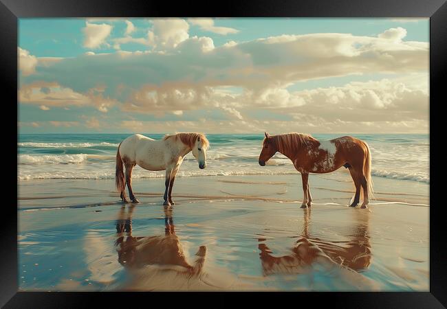 Horses on a beach in Wintertime Framed Print by T2 