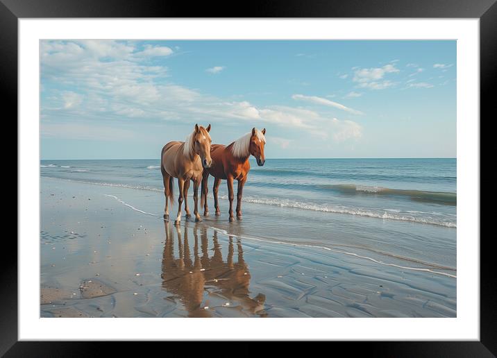 Horses on a beach in Wintertime Framed Mounted Print by T2 
