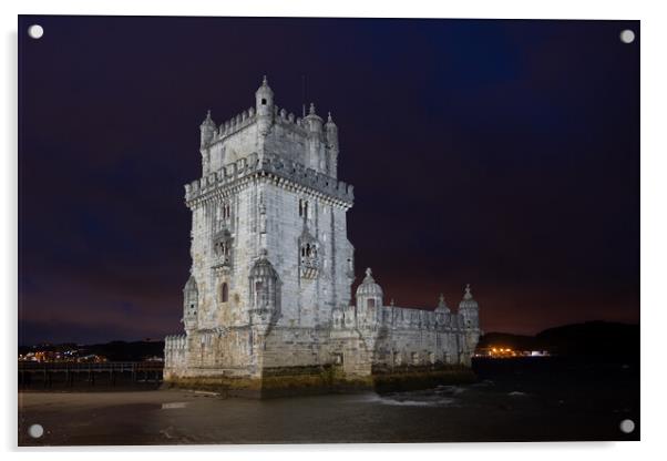 Belem Tower By Night In Lisbon Acrylic by Artur Bogacki