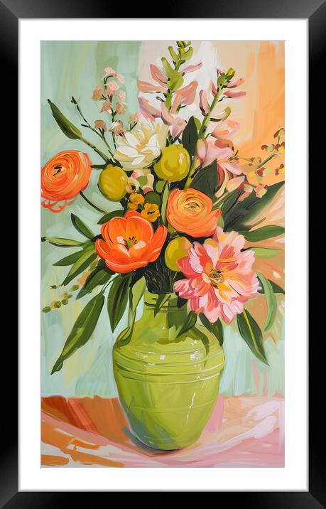 Vase of Flowers Oil Painting Framed Mounted Print by T2 