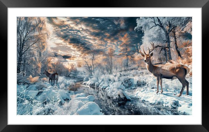 Scottish Buck and Doe Winter Highlands Framed Mounted Print by T2 