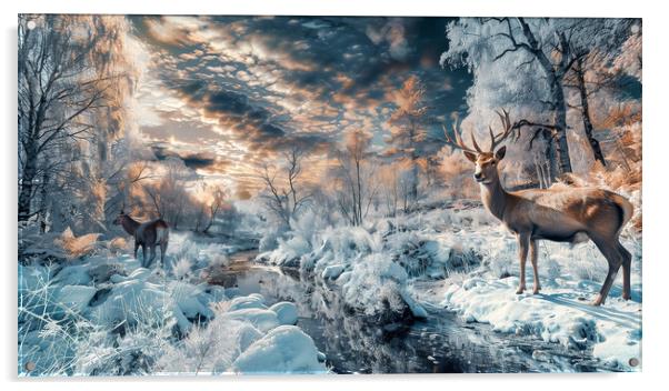 Scottish Buck and Doe Winter Highlands Acrylic by T2 