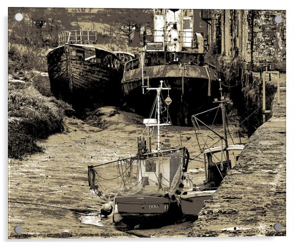 Derelict boats. Annan Harbour, Scotland Acrylic by Phil Brown