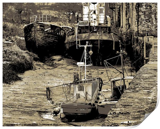 Derelict boats. Annan Harbour, Scotland Print by Phil Brown