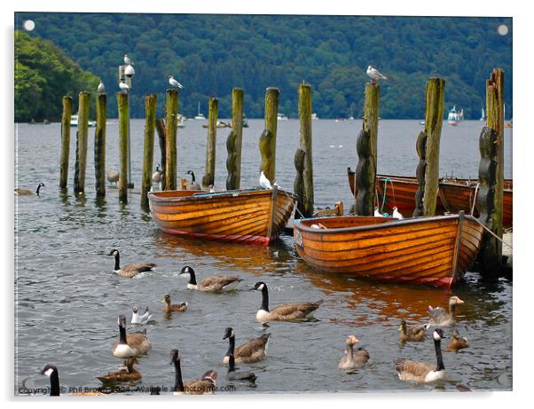 Rowing boats moored on Windermere. Acrylic by Phil Brown