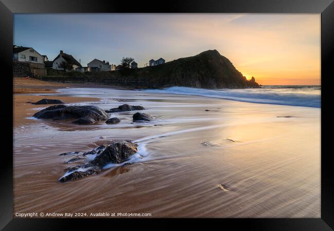 Setting sun at Hope Cove  Framed Print by Andrew Ray