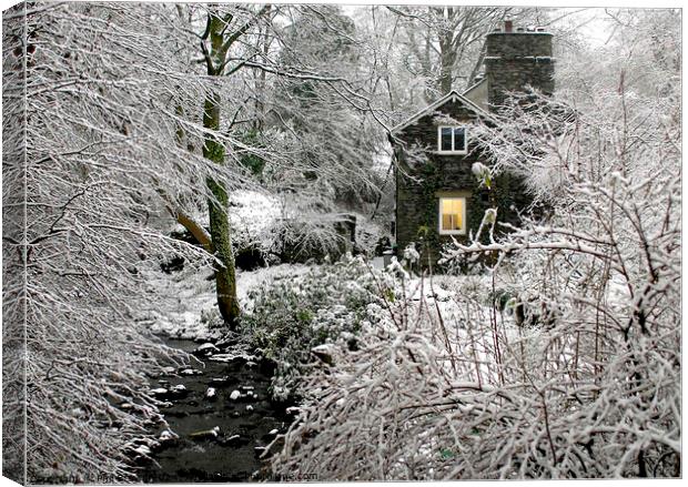 Frosty scene for Lakeland stone cottage in Bowness Canvas Print by Phil Brown