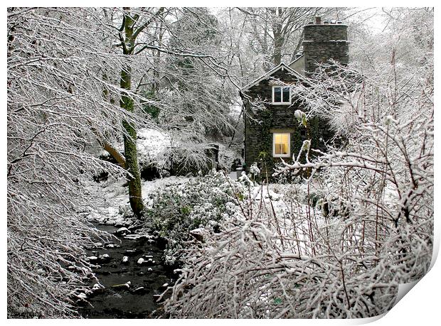 Frosty scene for Lakeland stone cottage in Bowness Print by Phil Brown