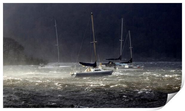 Storms on Windermere for moored yachts. Print by Phil Brown