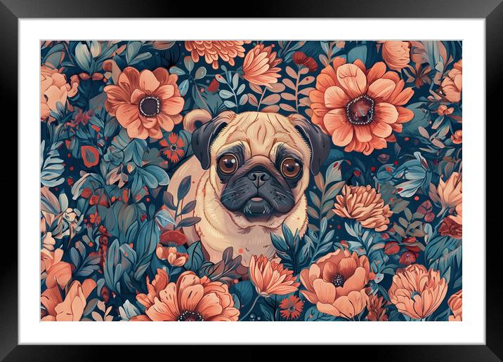 Floral Pug Framed Mounted Print by Picture Wizard