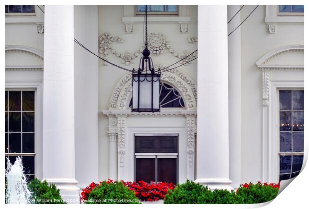 White House Door Red Flowers Chandelier Pennsylvania Ave Washing Print by William Perry
