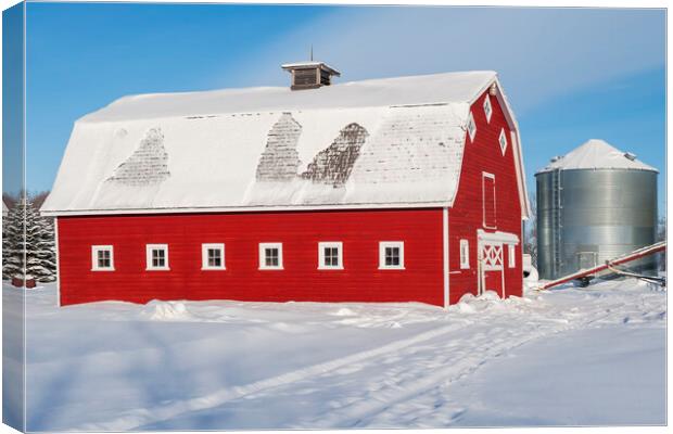 Red Barn and Grain Bin in Winter Canvas Print by Dave Reede