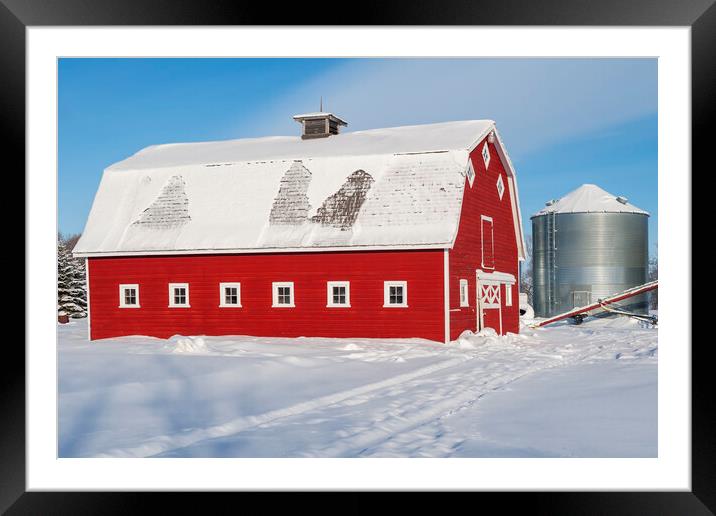 Red Barn and Grain Bin in Winter Framed Mounted Print by Dave Reede