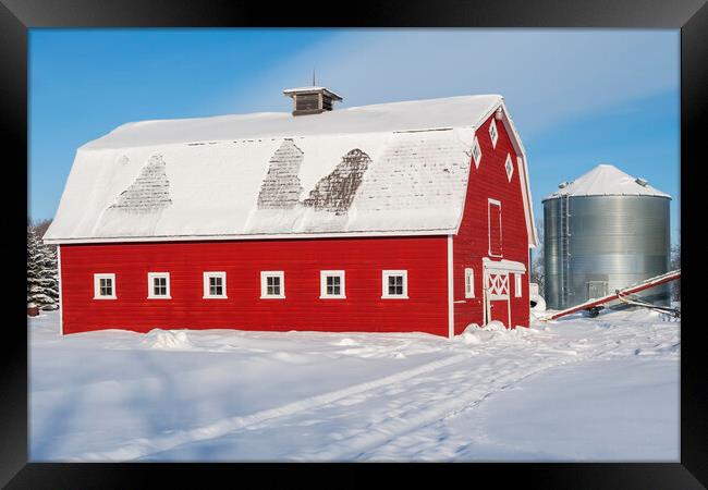 Red Barn and Grain Bin in Winter Framed Print by Dave Reede