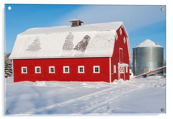 Red Barn and Grain Bin in Winter Acrylic by Dave Reede
