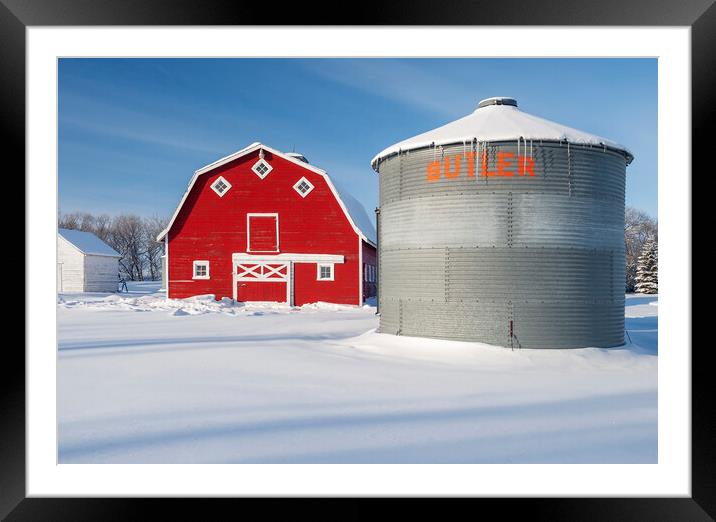 Old Grain Bin and Red Barn Framed Mounted Print by Dave Reede