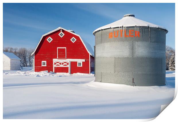 Old Grain Bin and Red Barn Print by Dave Reede