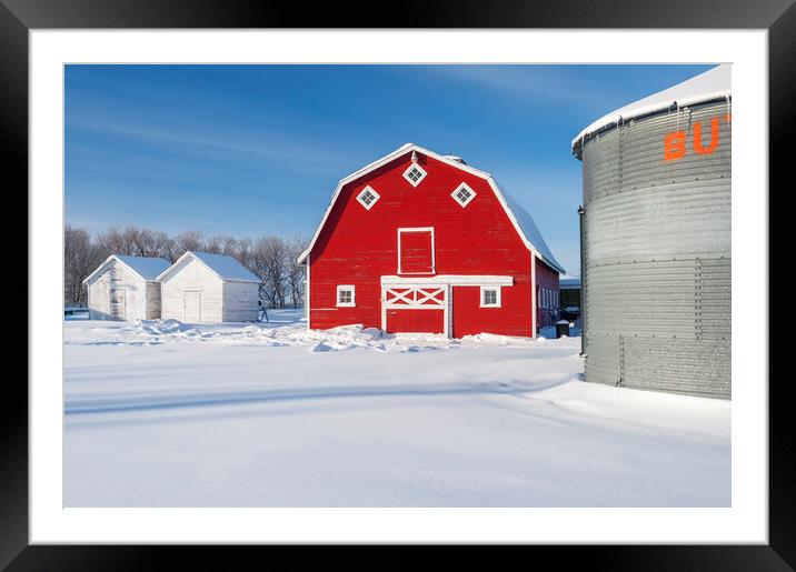 Old Grain Bin and Red Barn in Winter Framed Mounted Print by Dave Reede