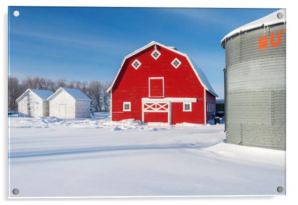 Old Grain Bin and Red Barn in Winter Acrylic by Dave Reede
