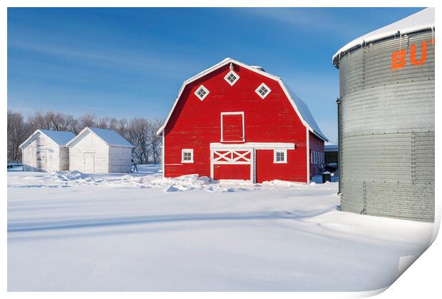 Old Grain Bin and Red Barn in Winter Print by Dave Reede