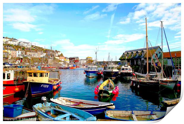 Mevagissey harbour in Autumn. Print by john hill