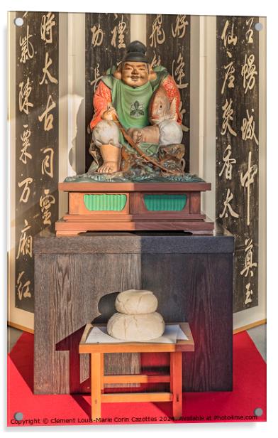 Wooden statue of Ebisu above a kagami-mochi rice cake. Acrylic by Clement Louis-Marie Corin Cazottes