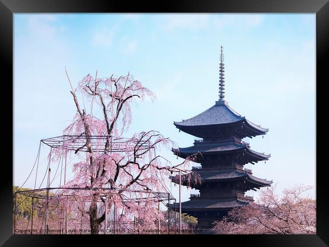 Weeping cherry tree with pink flowers in front of the five-storied pagoda of Toji Temple in Kyoto. Framed Print by Clement Louis-Marie Corin Cazottes